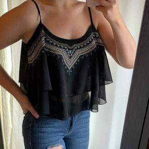 Black Ruffle Flowy Print Boohoo Tank Top Cropped